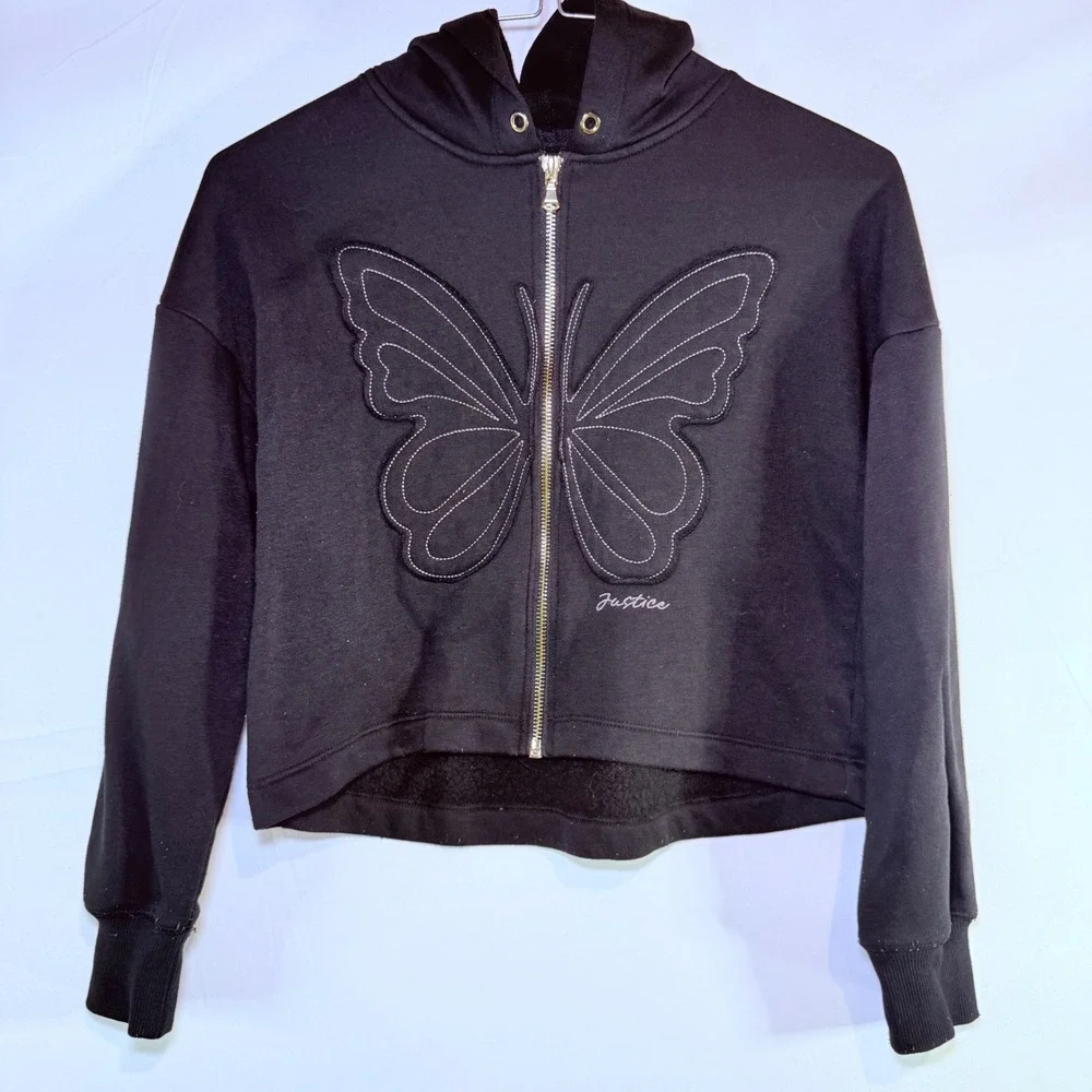 Justice Girls Black Butterfly Zip Up Hoodie Cropped Sweatshirt Size‎ S 7/8